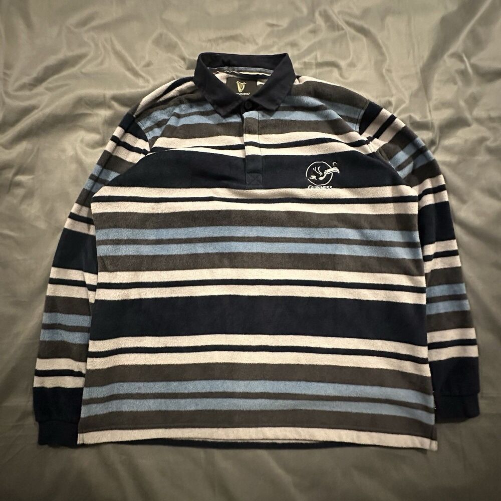 Vintage Guinness Rugby Shirt Mens XL Fleece Long Sleeve Striped Embroidery 90s
